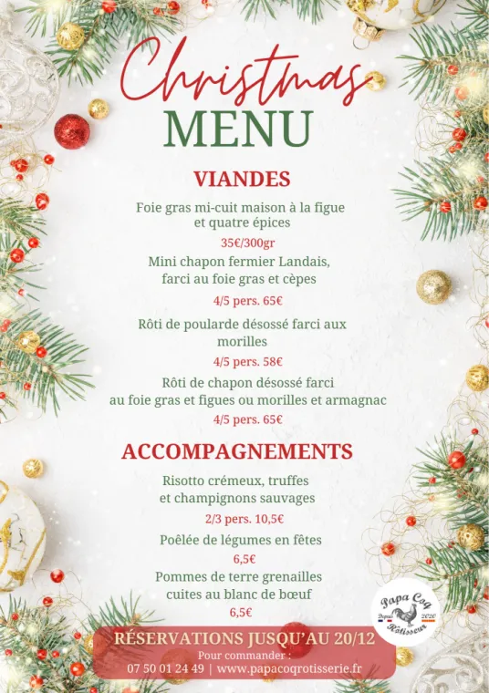 Menu de Noël Papa Coq Rôtisserie